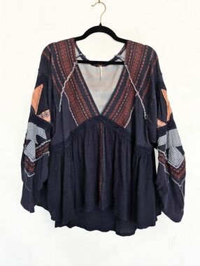 Free People Boho Embroiderd Patchwork Sleeve Blue Top,  M
